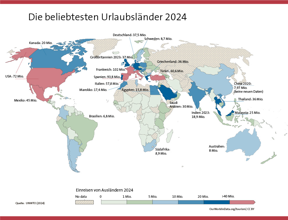 Weltkarte der beliebtesten Urlaubsländer in 2024