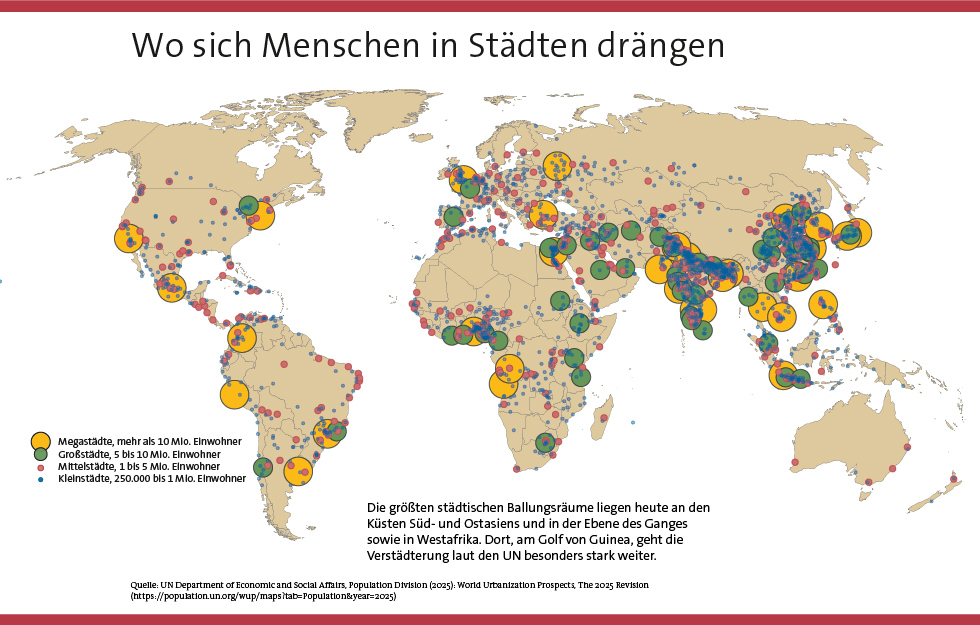 Eine Weltkarte, die die größten Städte zeigt